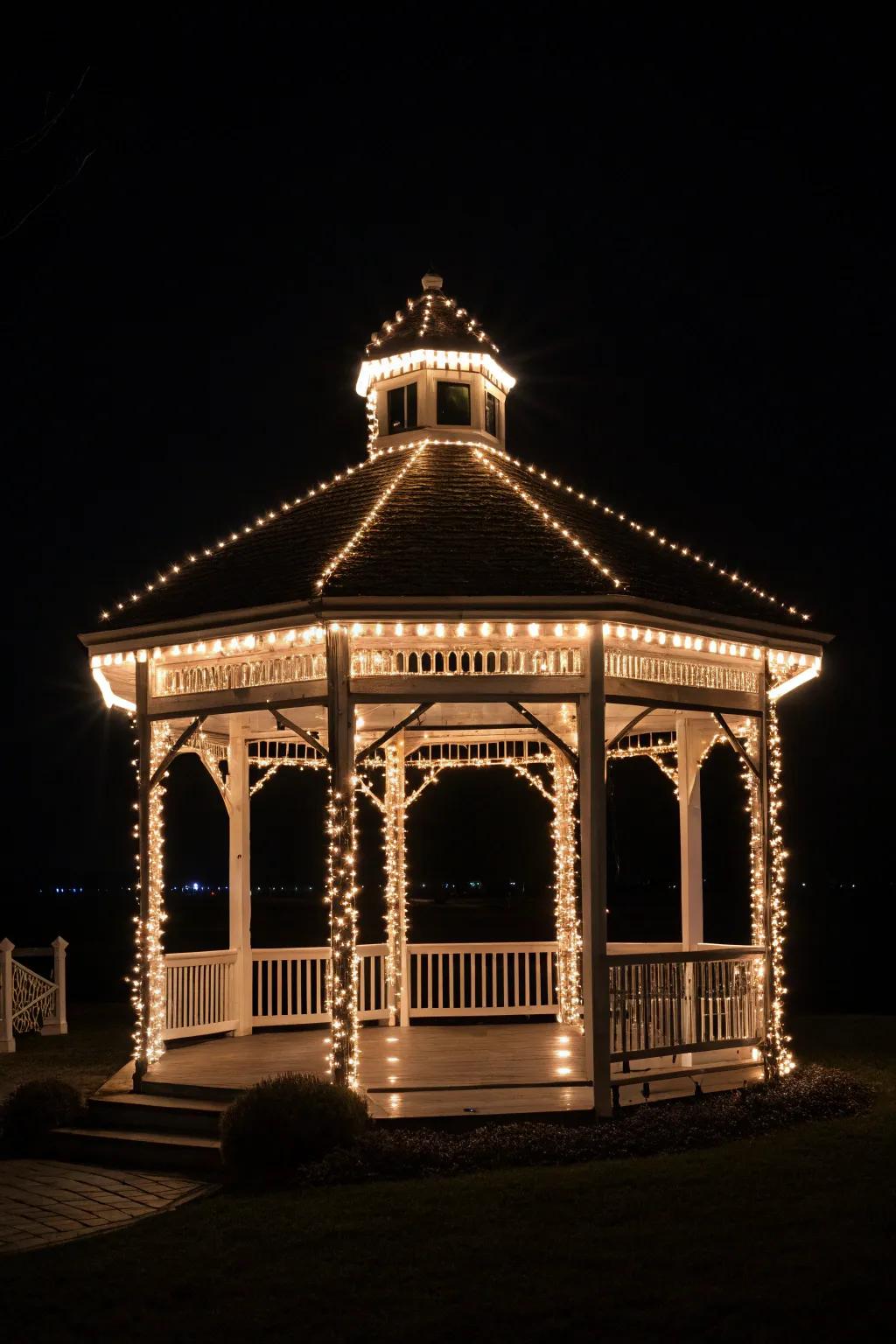 Rope lights highlighting the gazebo's architectural shape.