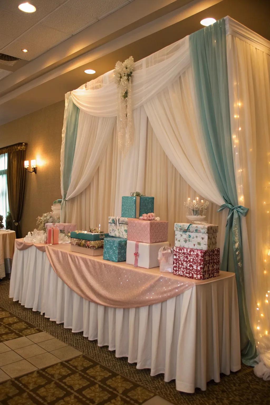 Elevate your gift table with elegant drapery that matches your event's theme.