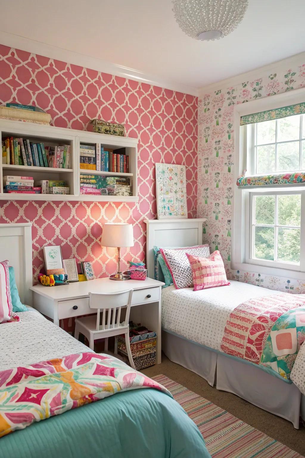 Bold wallpaper sets a playful and creative tone in a shared bedroom.