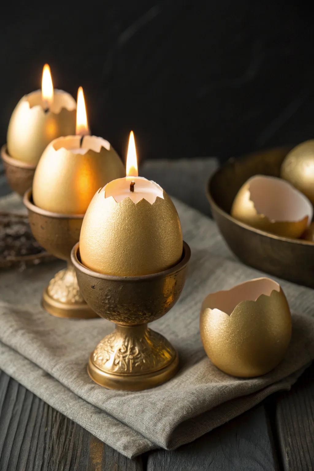 Gilded egg wax light stands emit a cozy radiance for Easter.