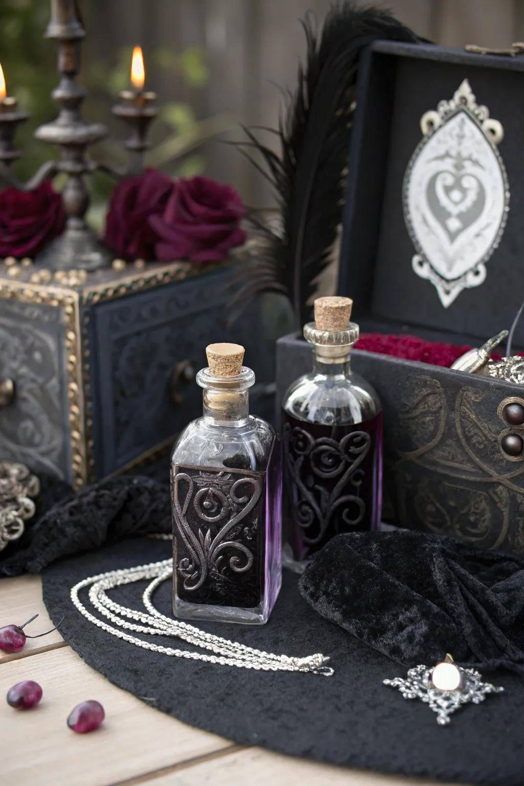 Gothic wedding favors presented in love potion vials.