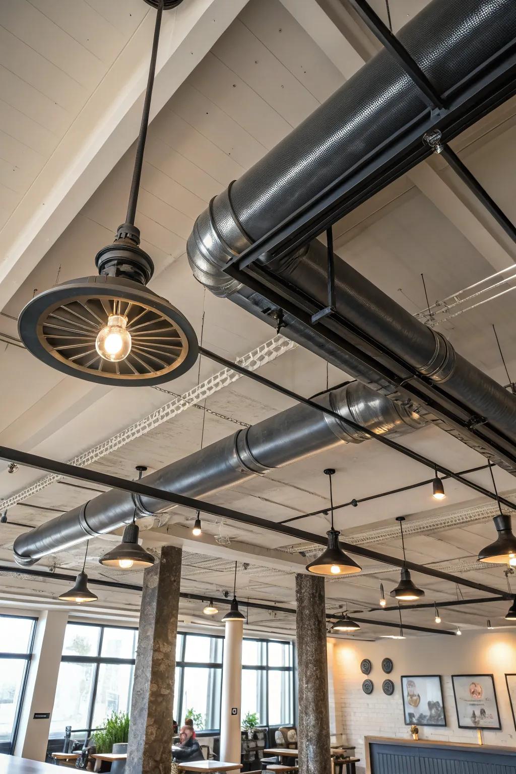 Metal accents add an industrial edge to ceiling designs.