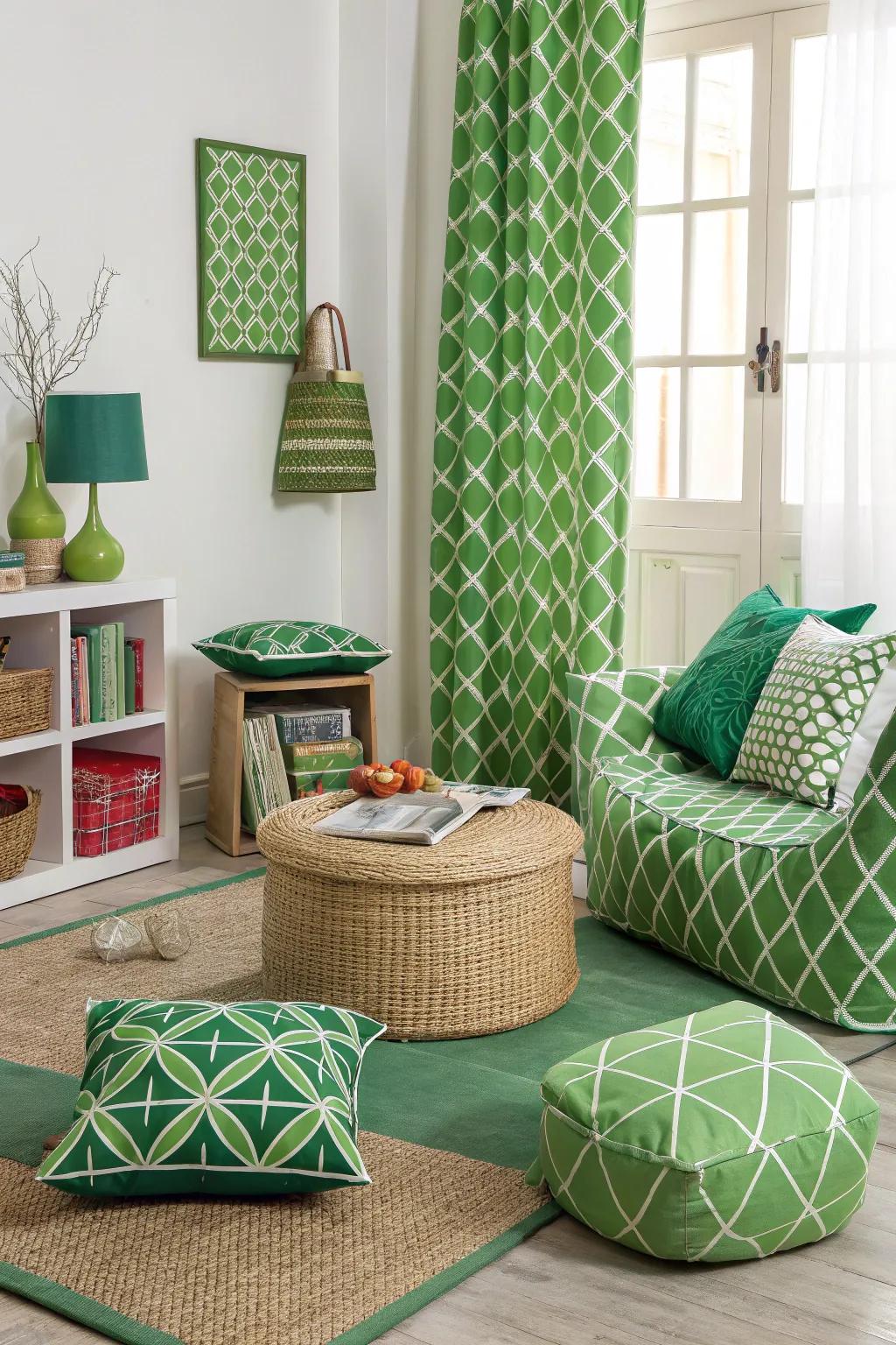 Geometric designs add contemporary flair to this green-themed area.