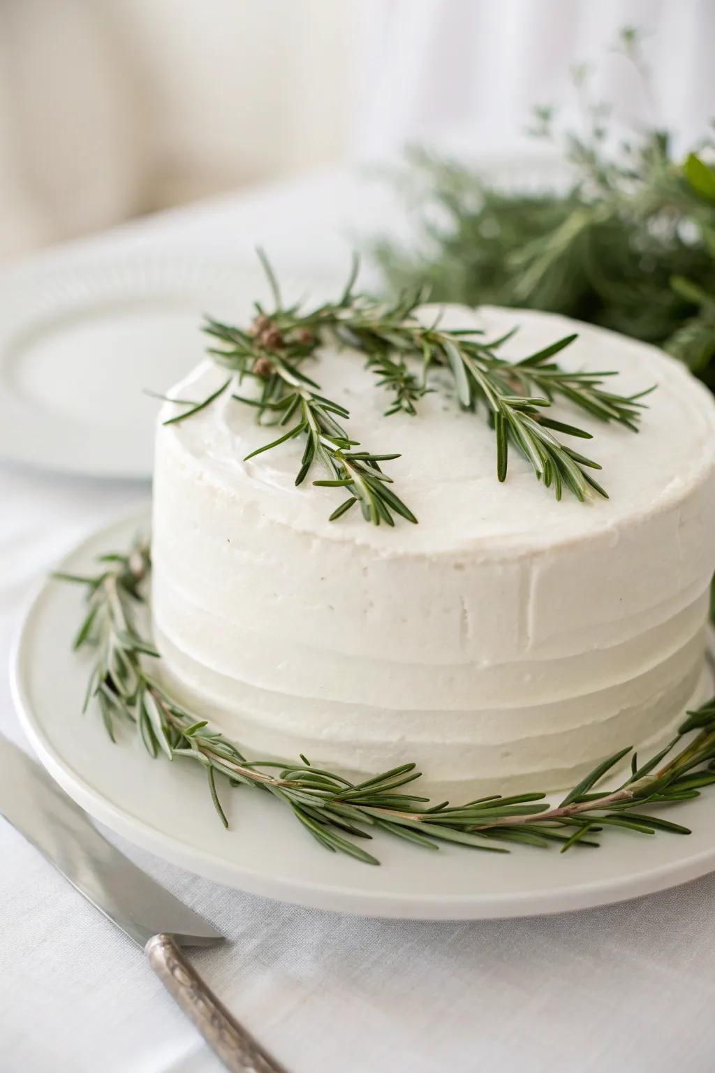 A minimalist cake transformed with elegant greenery.