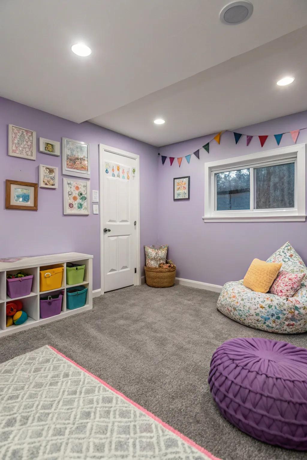 Lilac walls add whimsy and charm to rooms with gray carpets.