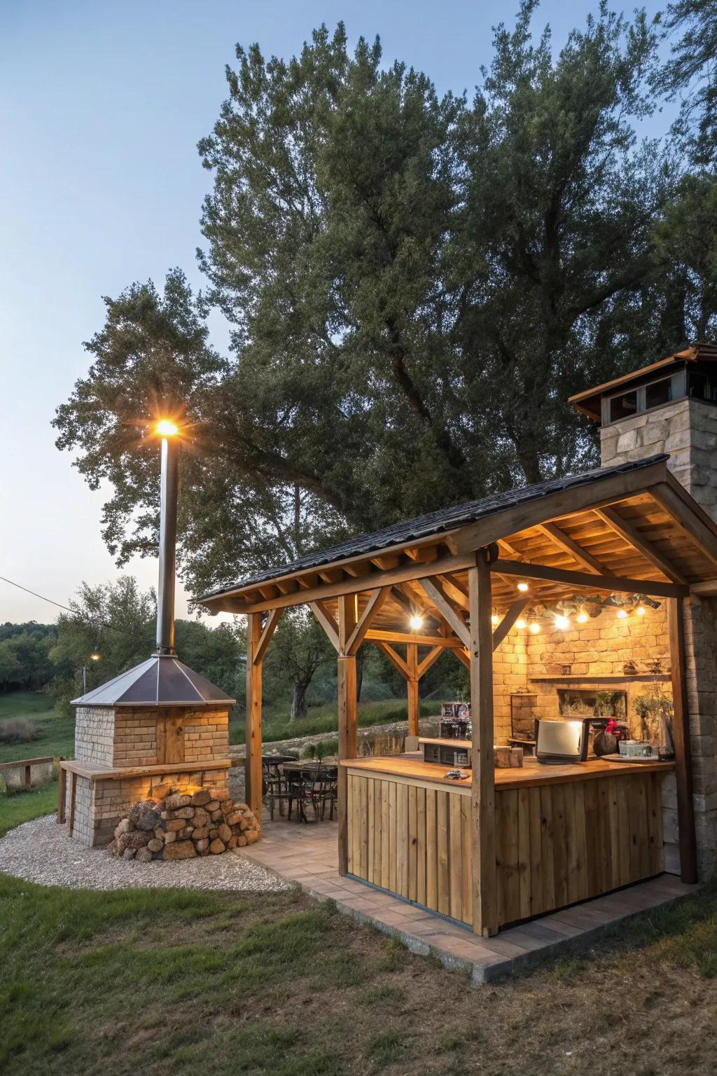 An eco-friendly grill hut showcasing sustainable materials and solar lights.