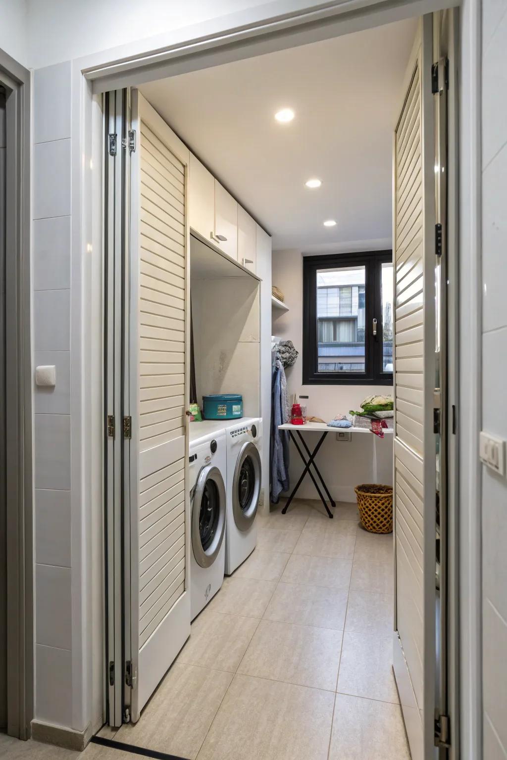Accordion doors provide versatile access to a compact hallway laundry room.