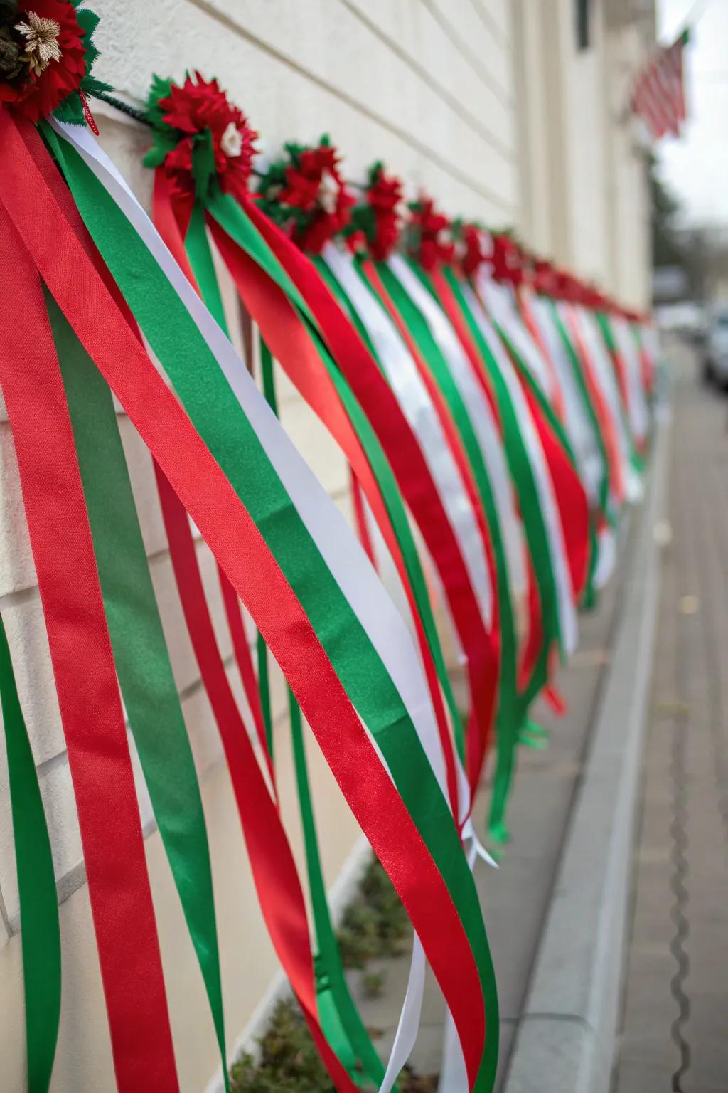 Festive picture displays with holiday-themed ribbons.