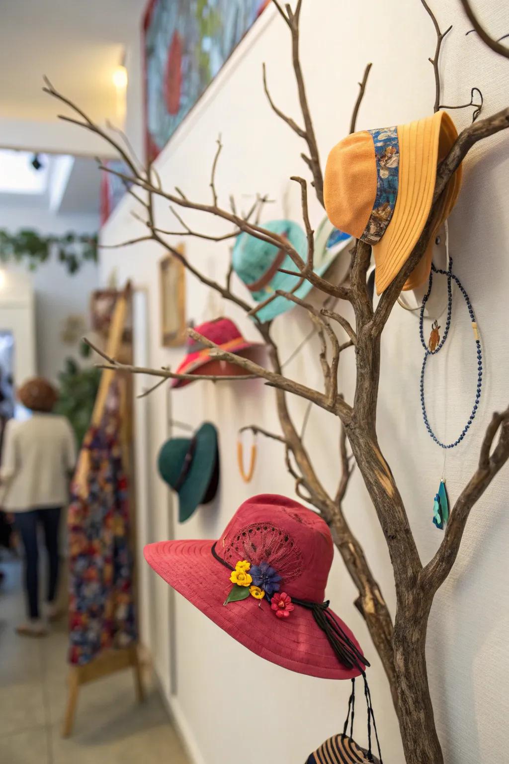 An inventive branch introduces an eccentric feel to your hat exhibit.