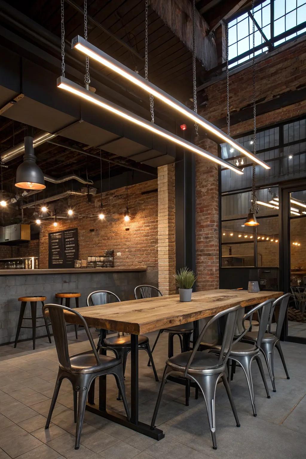 Industrial chic eating nook featuring straight LED lighting
