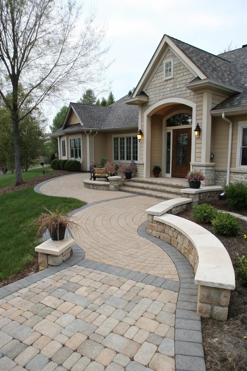 Seating areas add function and charm to this interlocking entrance.