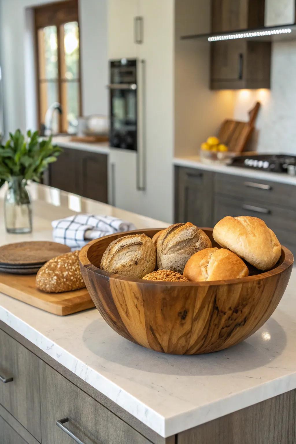 An impressive loaf bowl offers both functionality and decorative appeal.