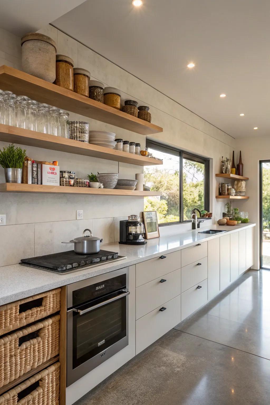 Hidden storage within shelves keeps kitchens tidy and efficient.