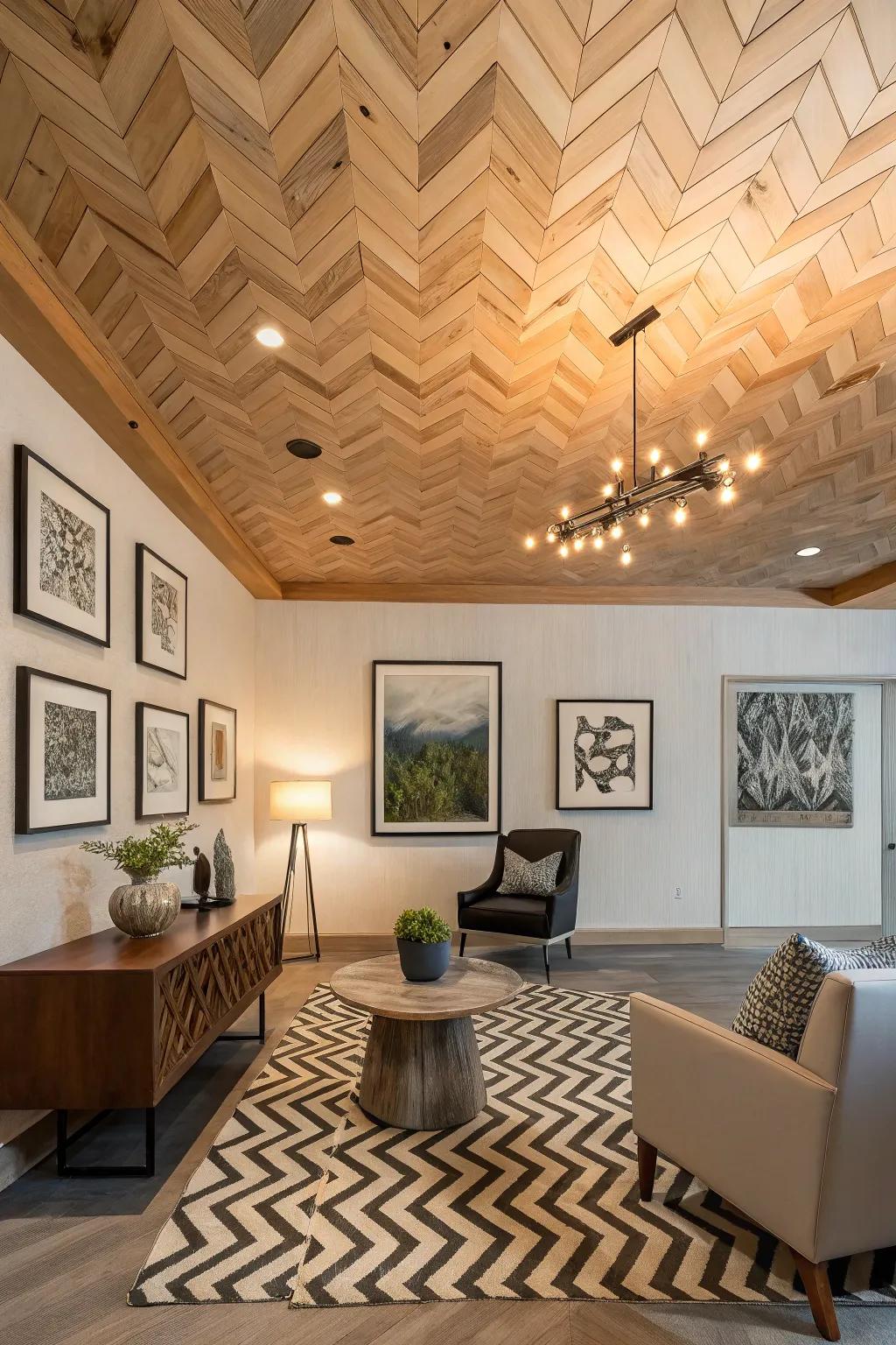 A modern room where a geometrical patterned ceiling adds artistic flair.