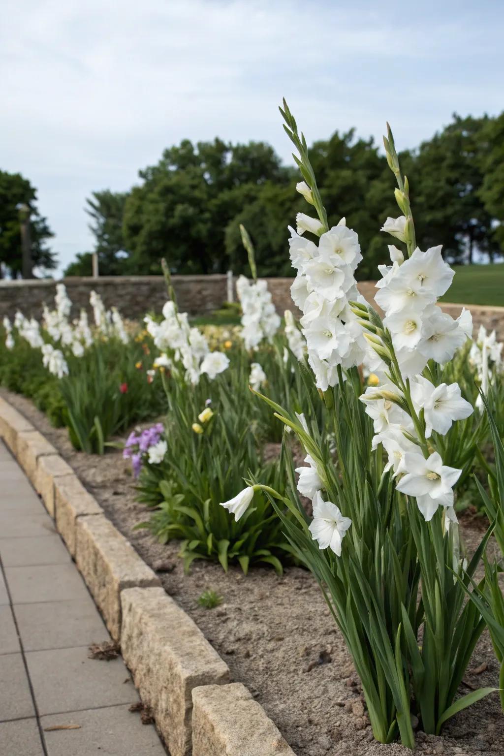 A single color of gladiolus creates a bold statement in the garden.