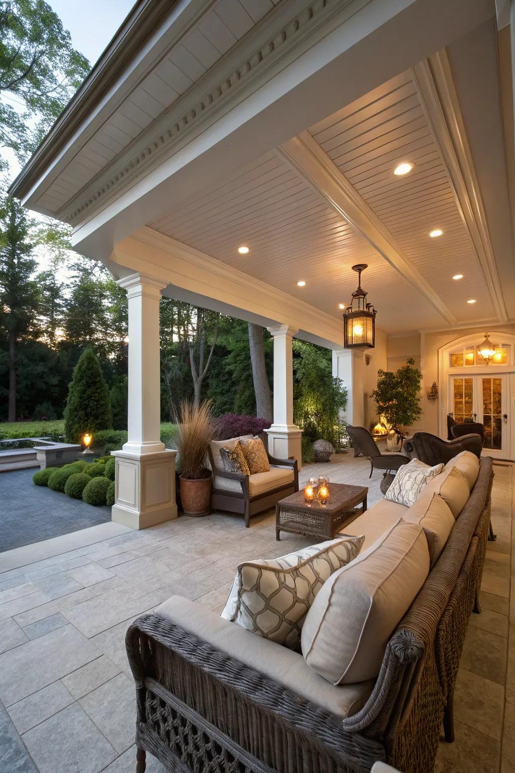 A sheltered patio featuring broad crown molding, fashioning an outdoor extension of indoor elegance.