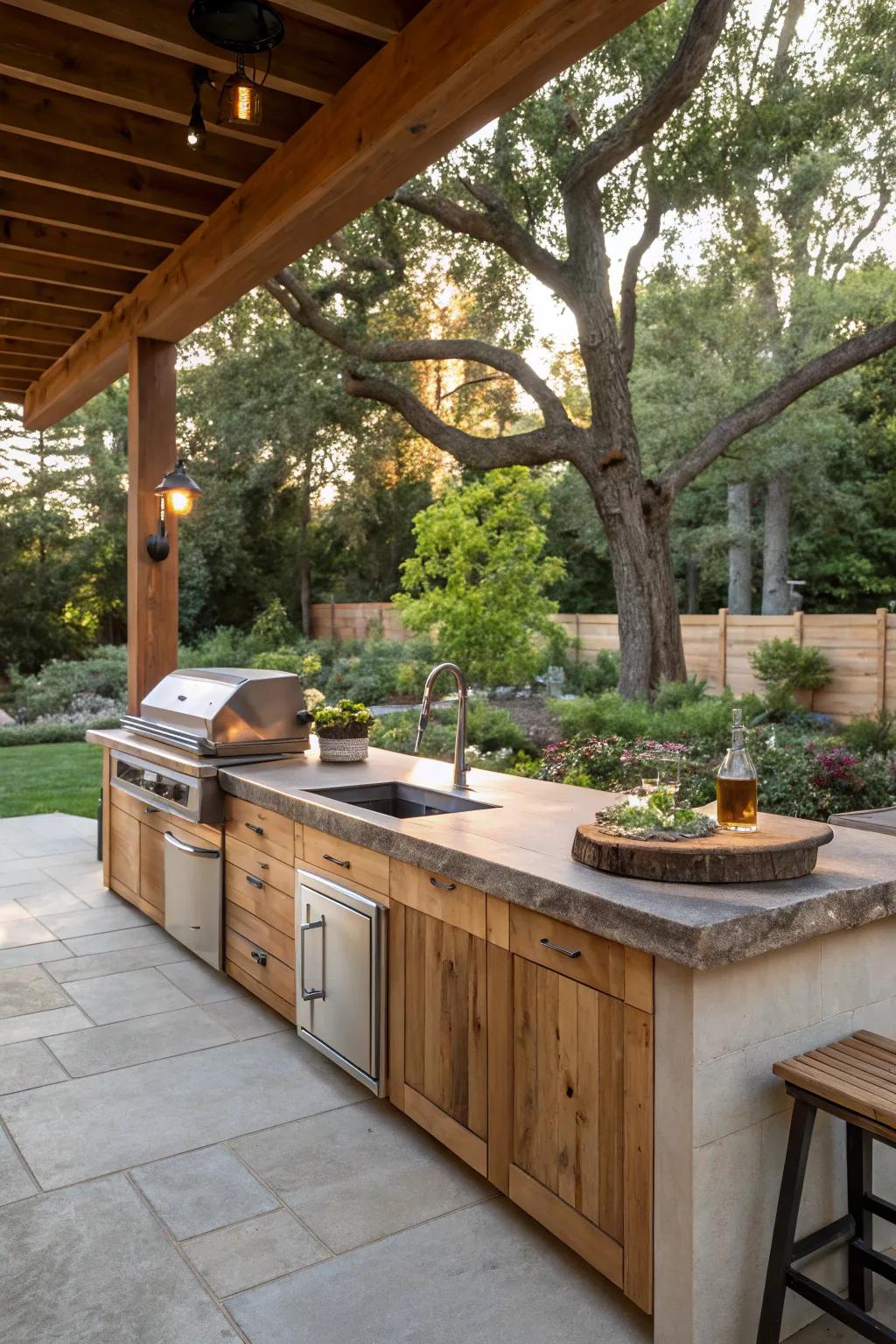 An outdoor kitchen enhanced by the natural charm of a raw edge countertop.