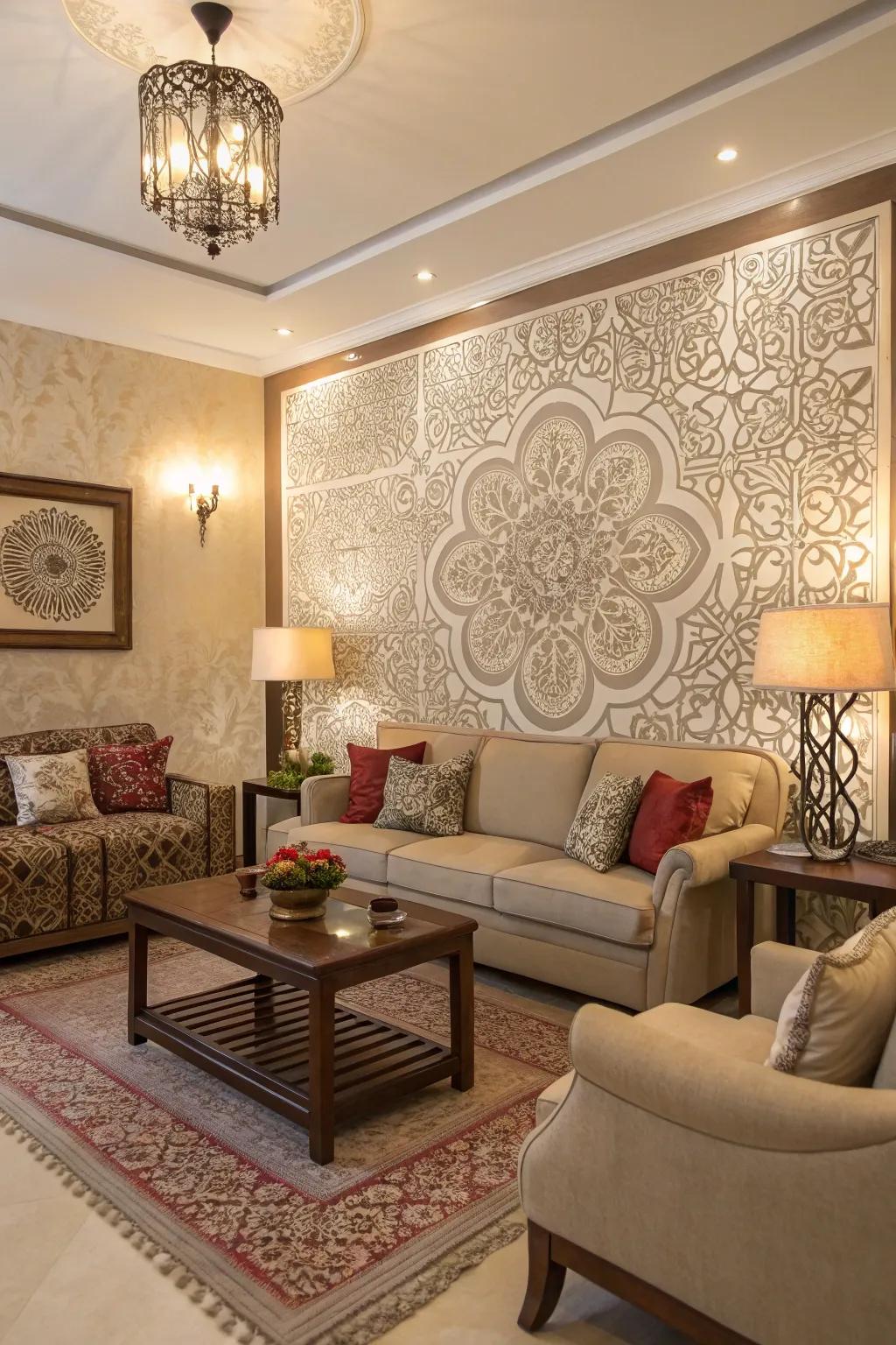 Stenciled patterns on the accent wall add a personal artistic touch.