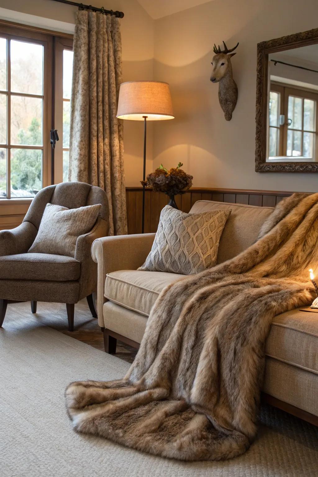 Faux fur elements that bring luxury and warmth to this inviting living room.