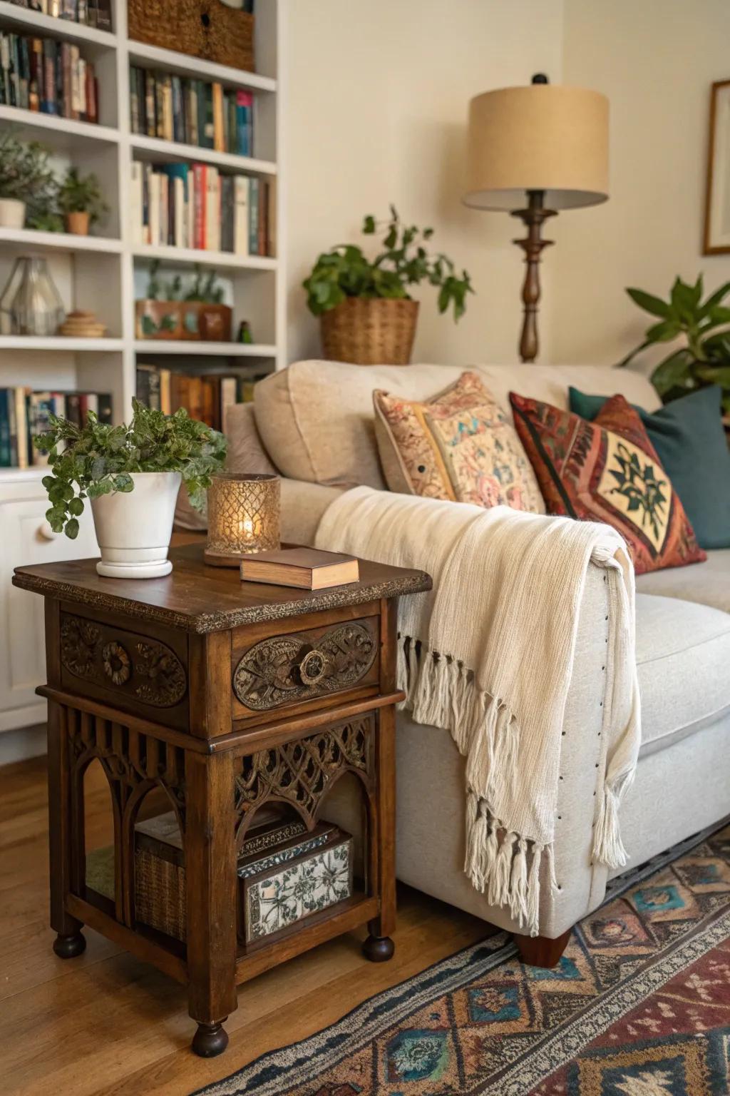 Vintage finds repurposed as side tables add character.