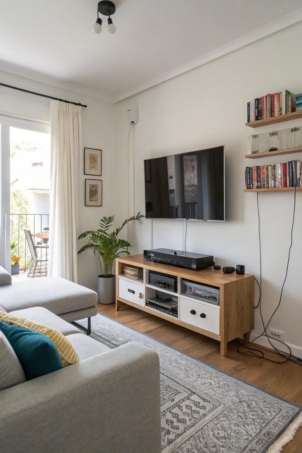 Concealed cables create a tidy and polished TV area.