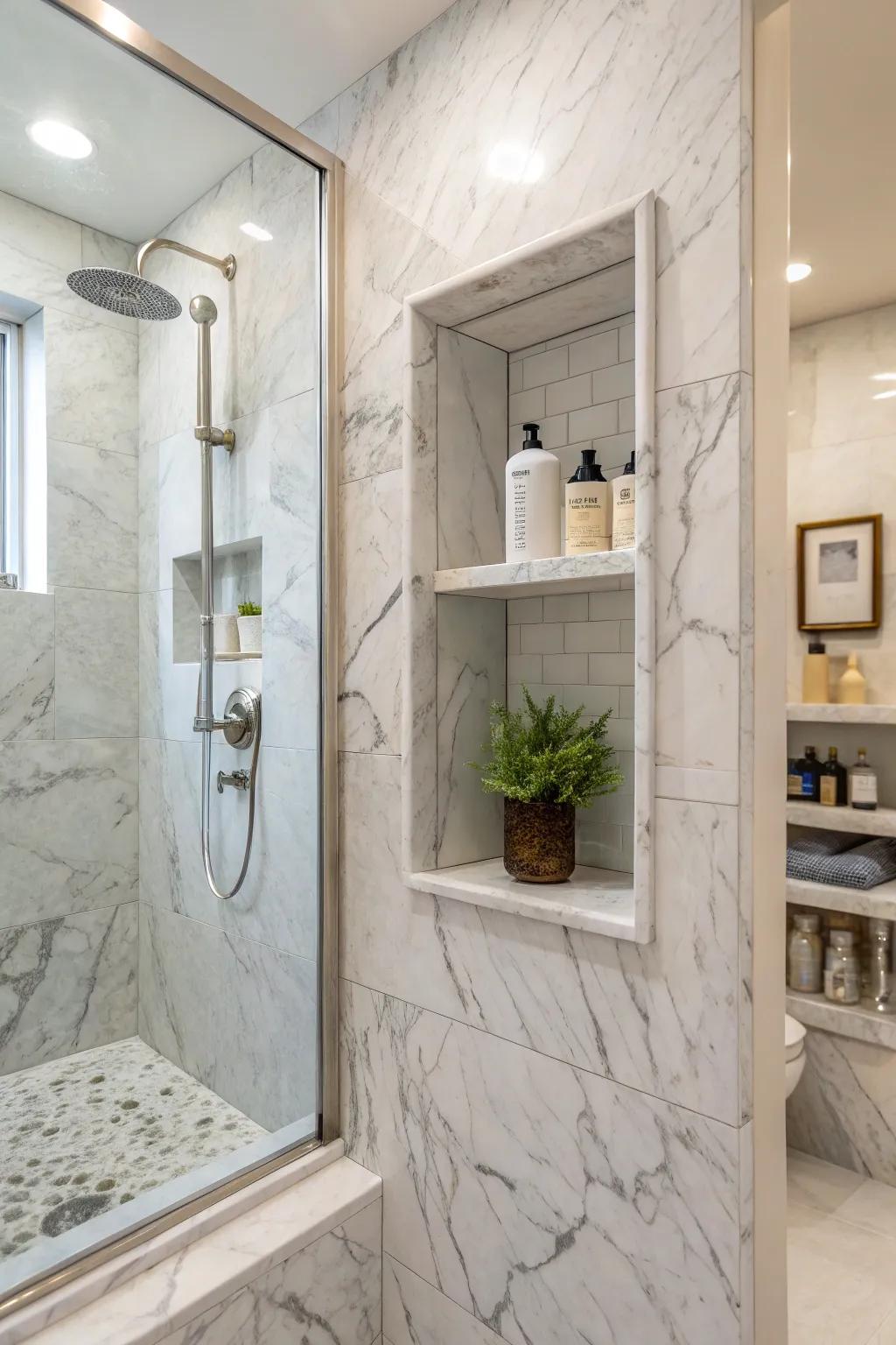 A luxurious marble porcelain niche adds elegance to the shower area.