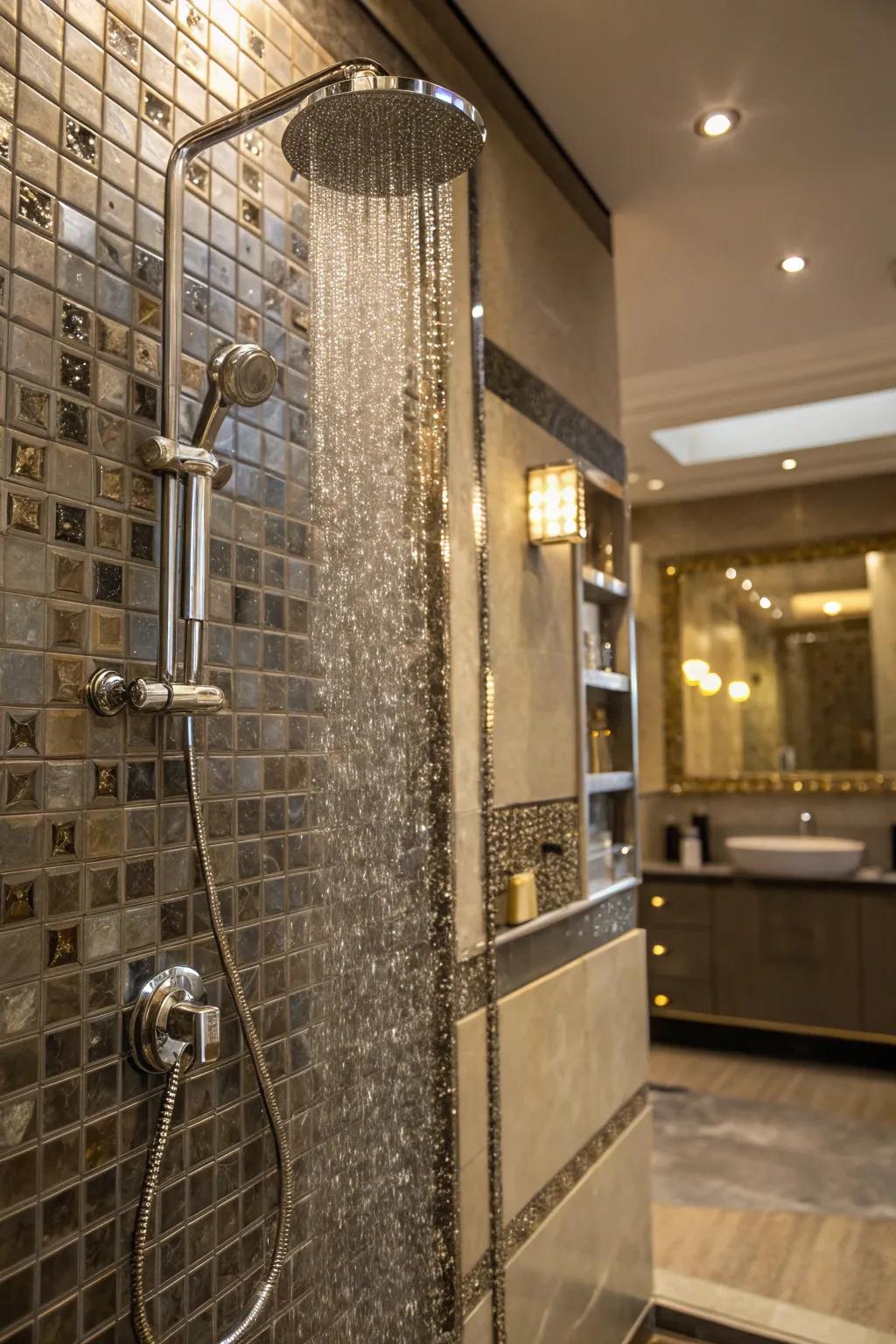 A shower featuring metallic accent tiles for added elegance and glamour.