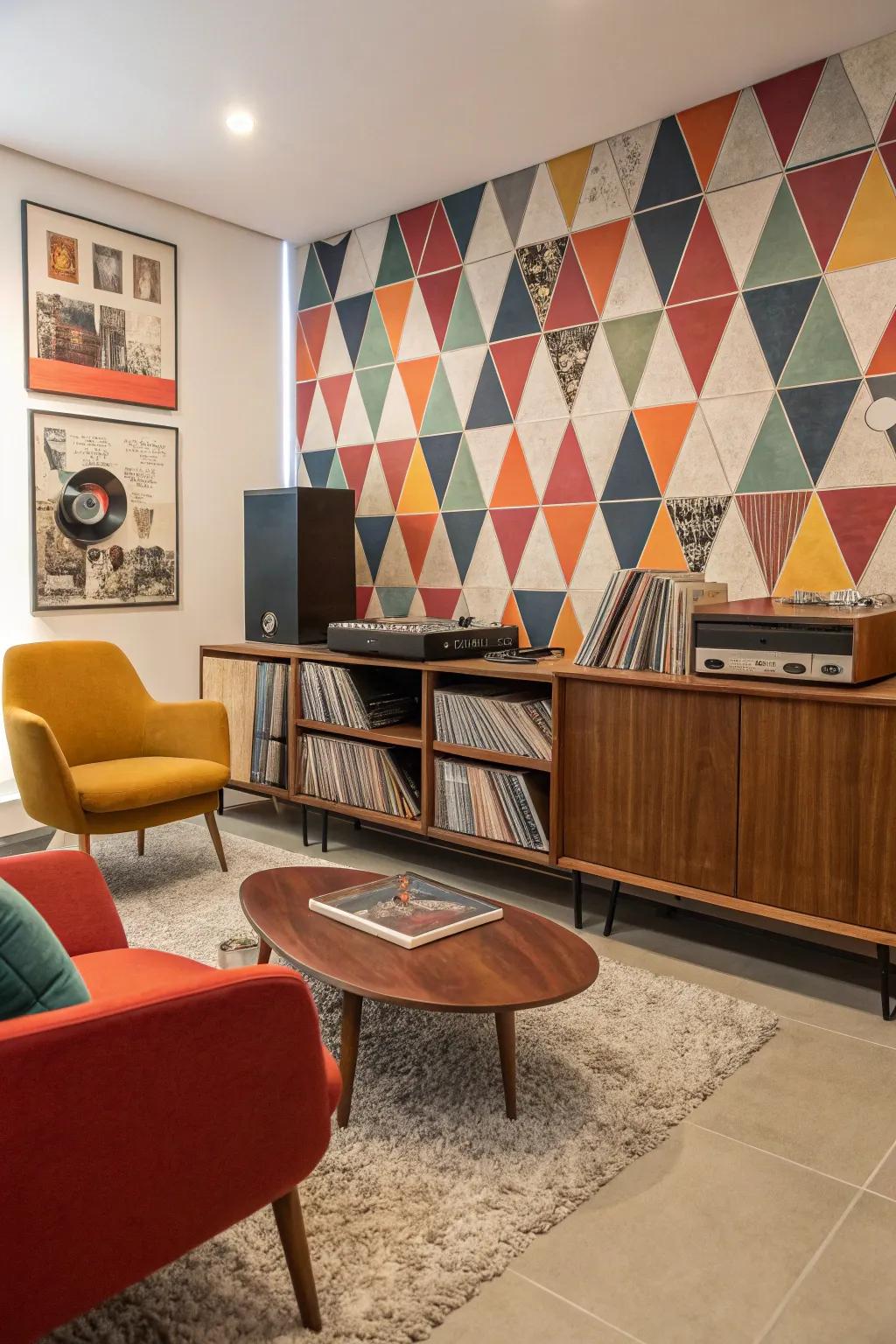 A vinyl collection on display adds a retro and personal touch to this mid-century modern living room.