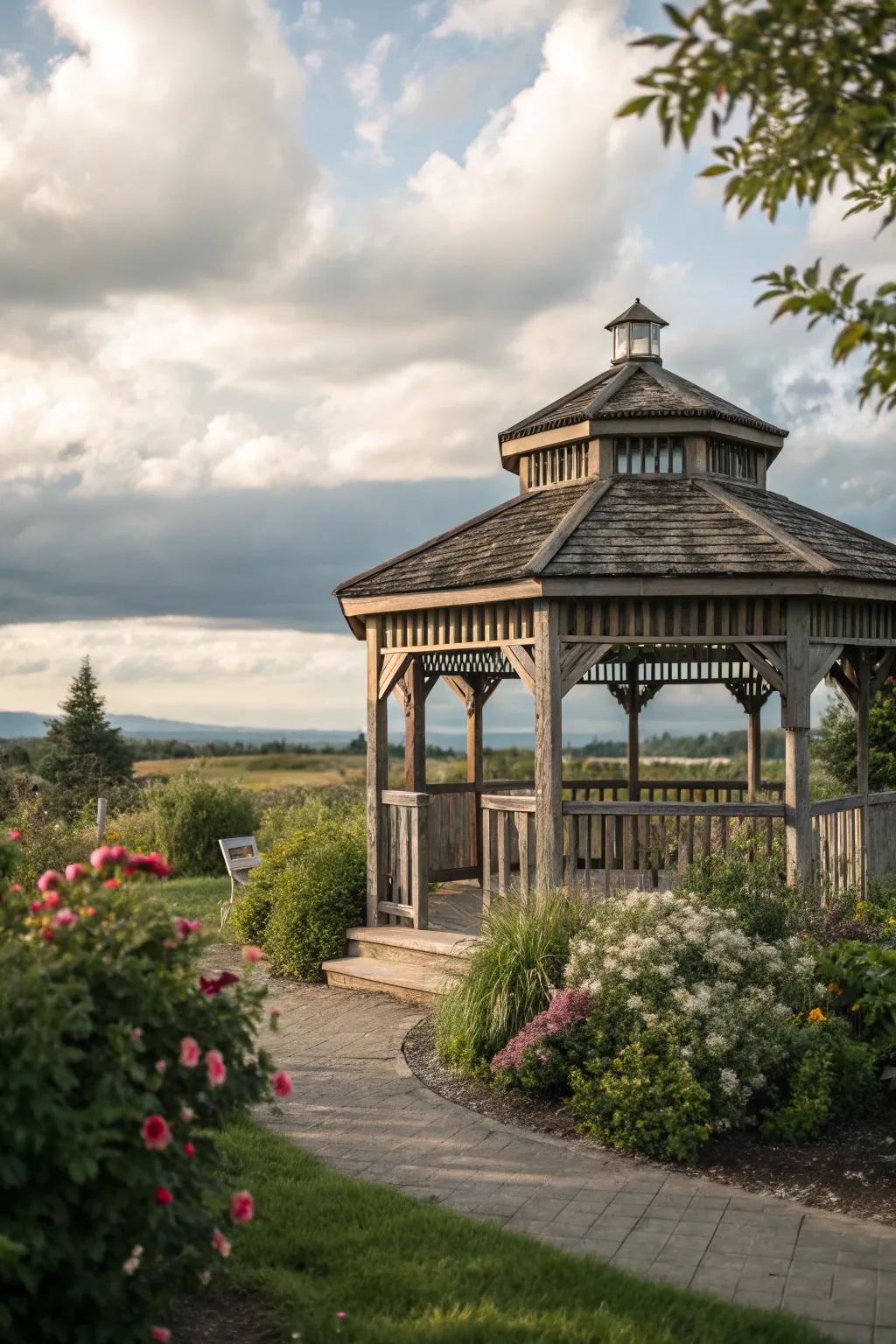 A farmhouse gazebo with a screen offering a functional and cozy outdoor space.