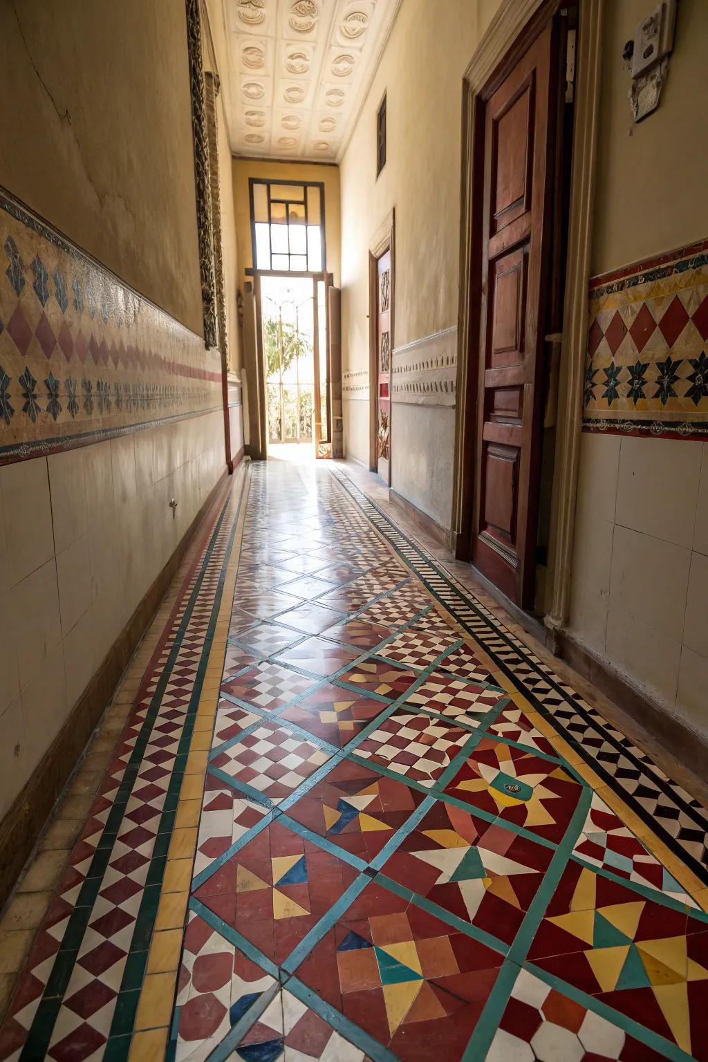 Bold flooring selections infuse the hallway with style and character.