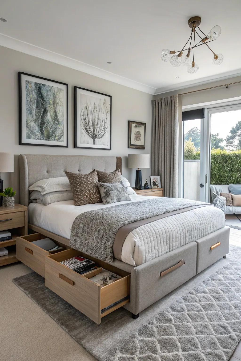 This chic bedroom's space is optimized by multifunctional furniture.