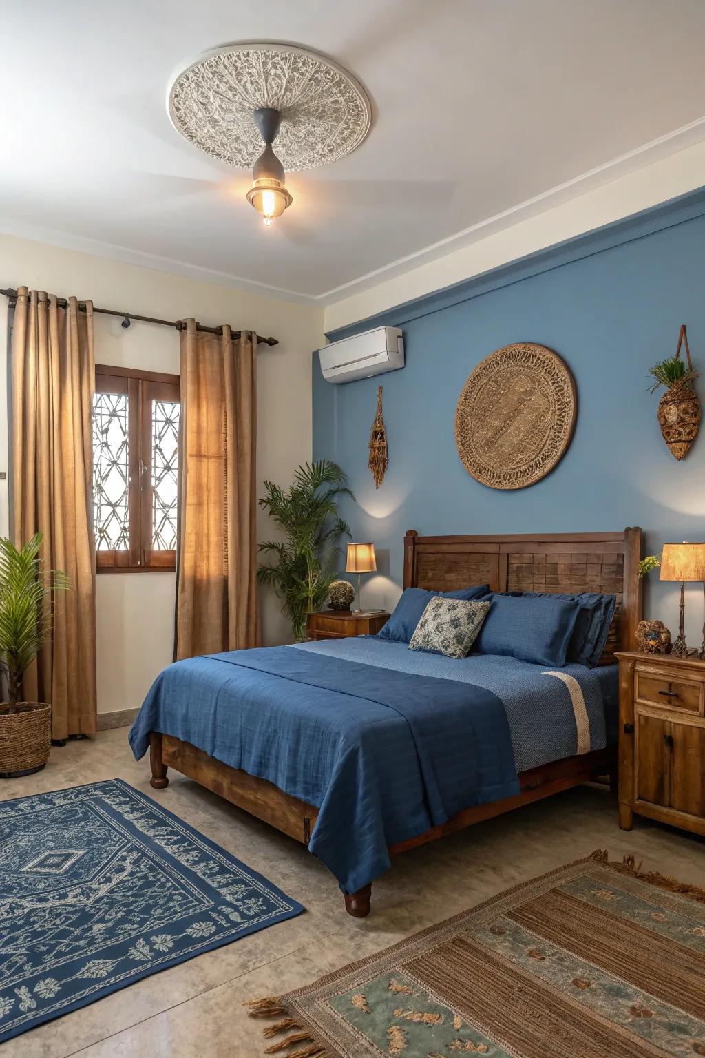 The earthy tones blend with royal blue to create a harmonious and secure aesthetic.