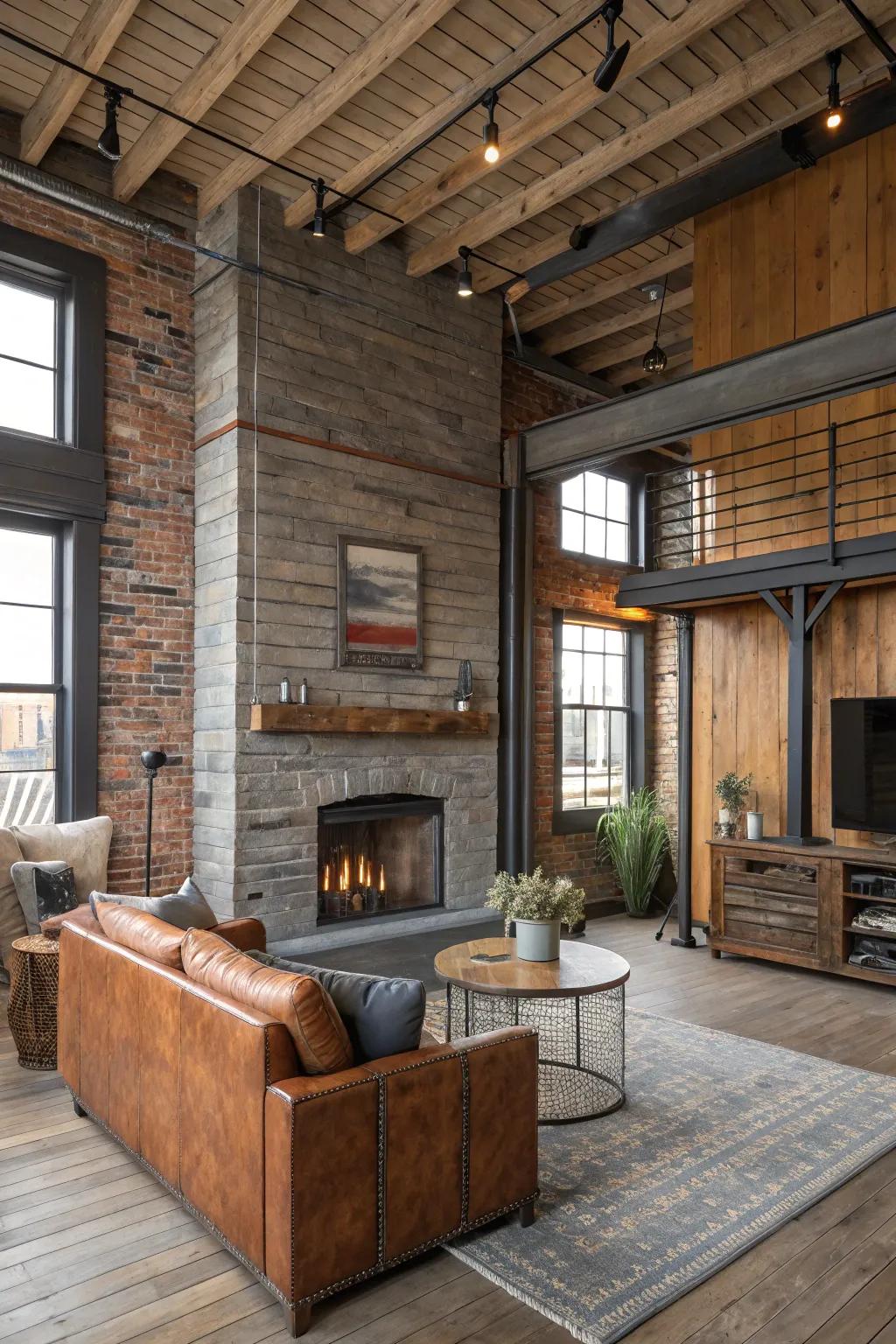 An industrial-style living area with a shiplap fireplace.