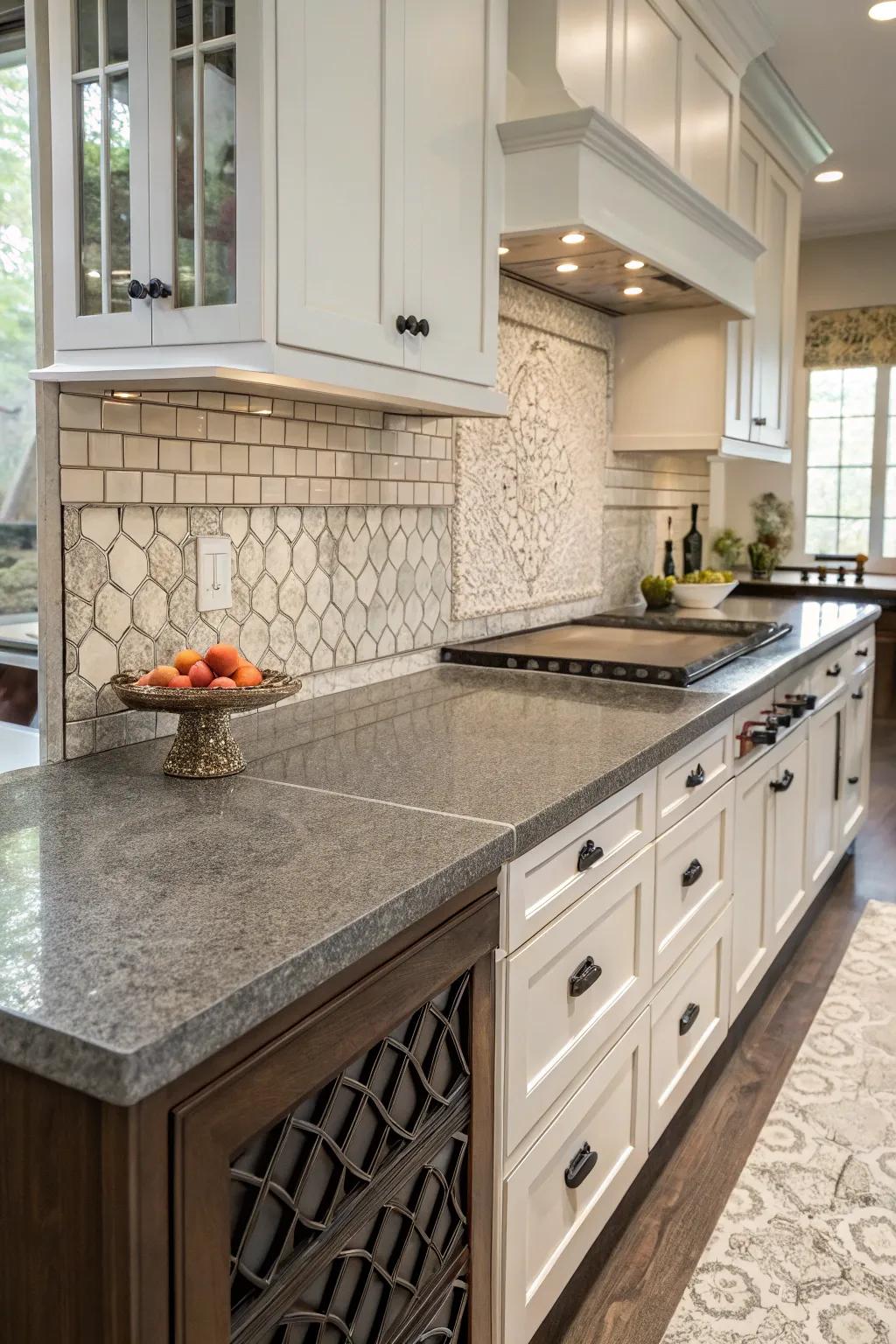 Mixed textures in tiles add depth and interest to this kitchen.