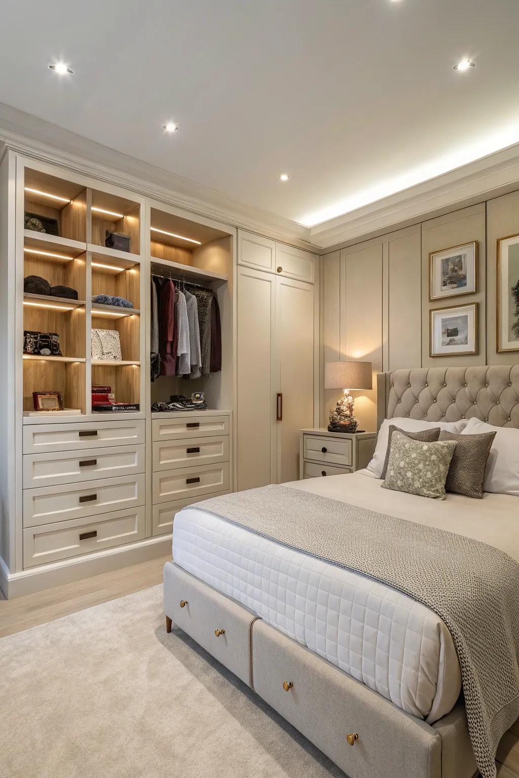 A bedroom with cleverly integrated concealed storage solutions.