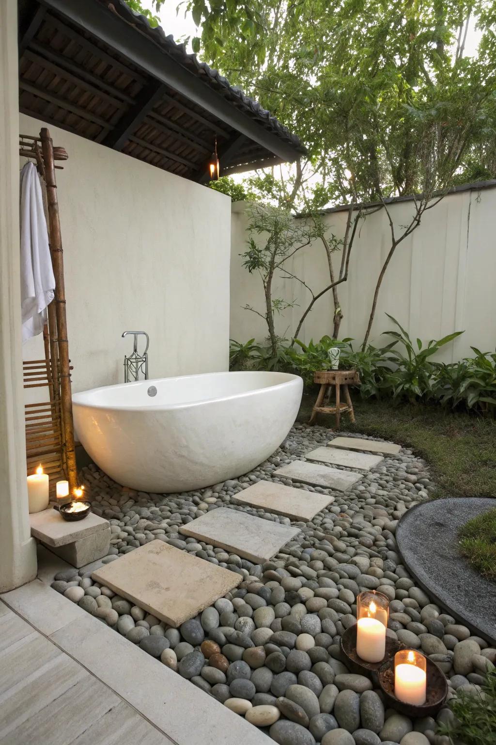 Find inner peace in a Zen sanctuary with a calming bathtub setup.