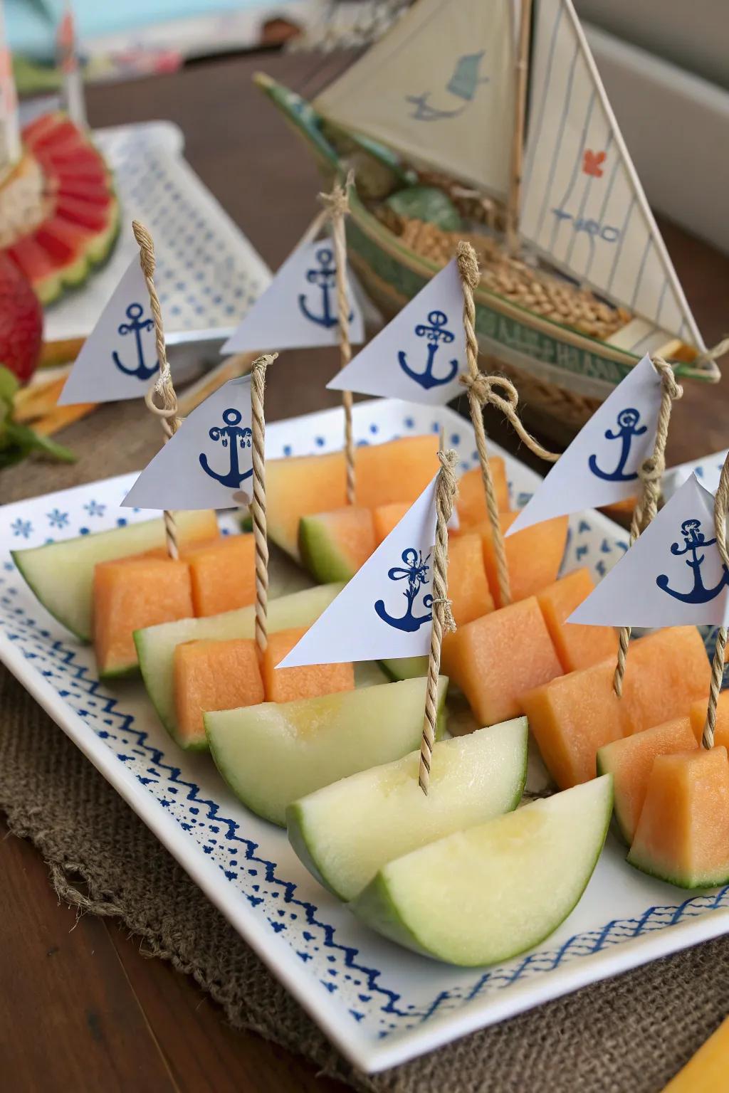 Cantaloupe boats are a refreshing themed snack.