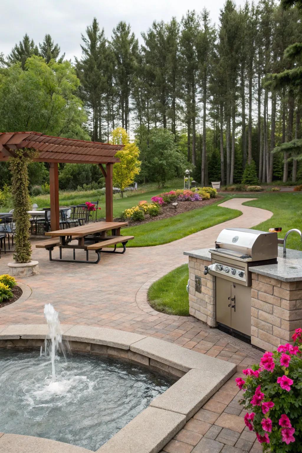 Water features add tranquility to your BBQ area.