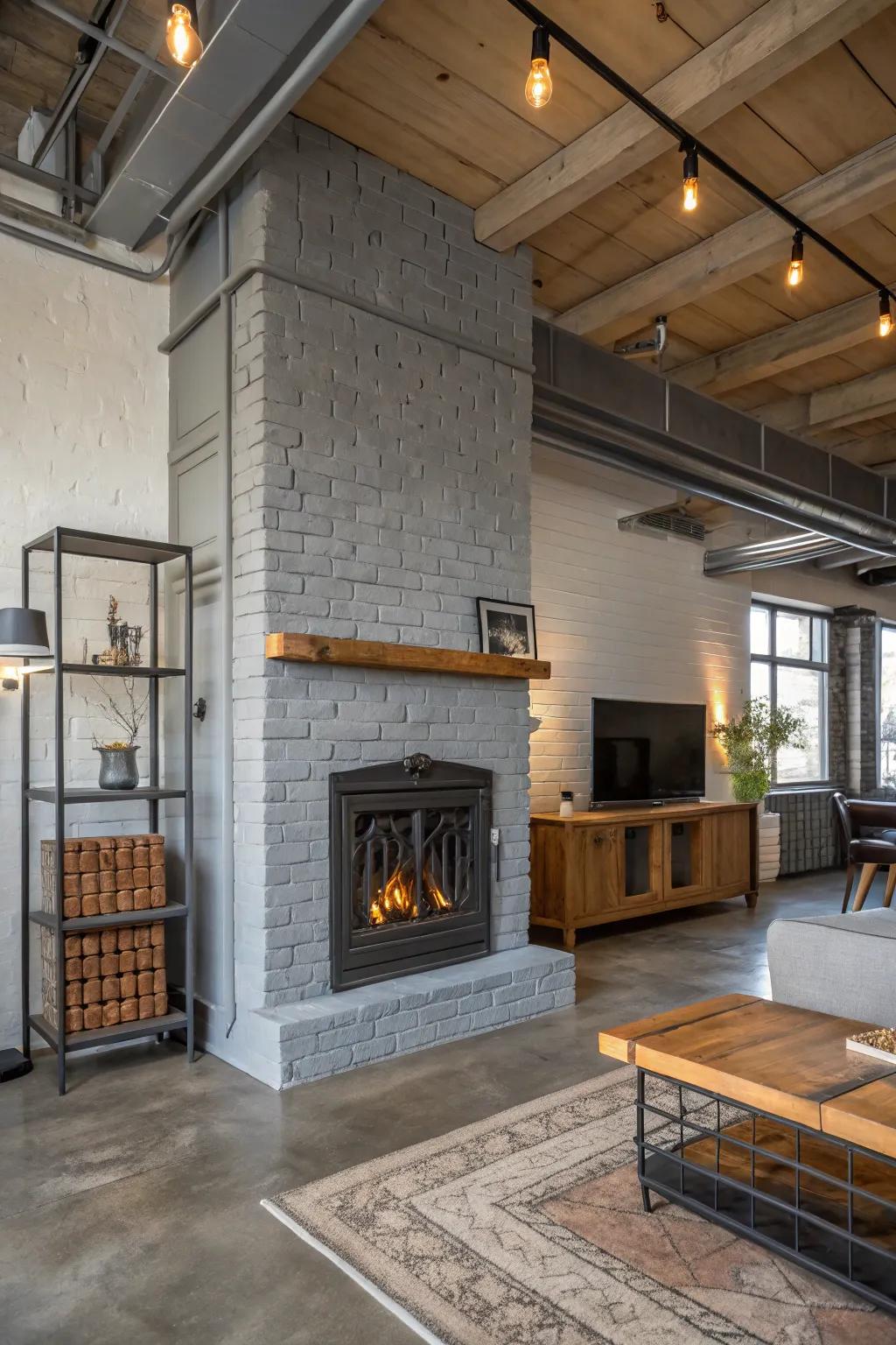 A gray-painted fireplace creates an industrial vibe.