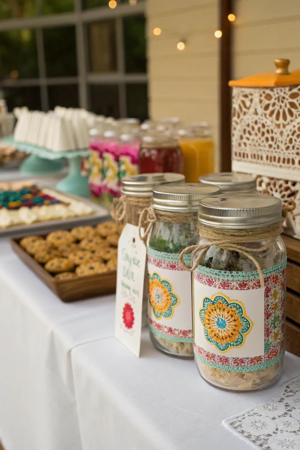 DIY party favors with custom labels and hand-painted jars.