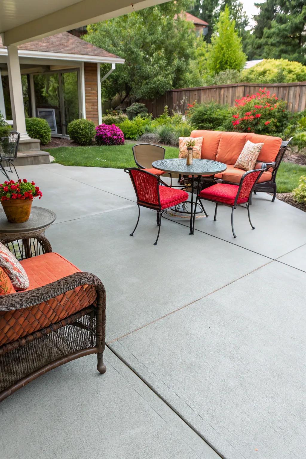 A newly painted concrete patio gives a clean, fresh appearance.