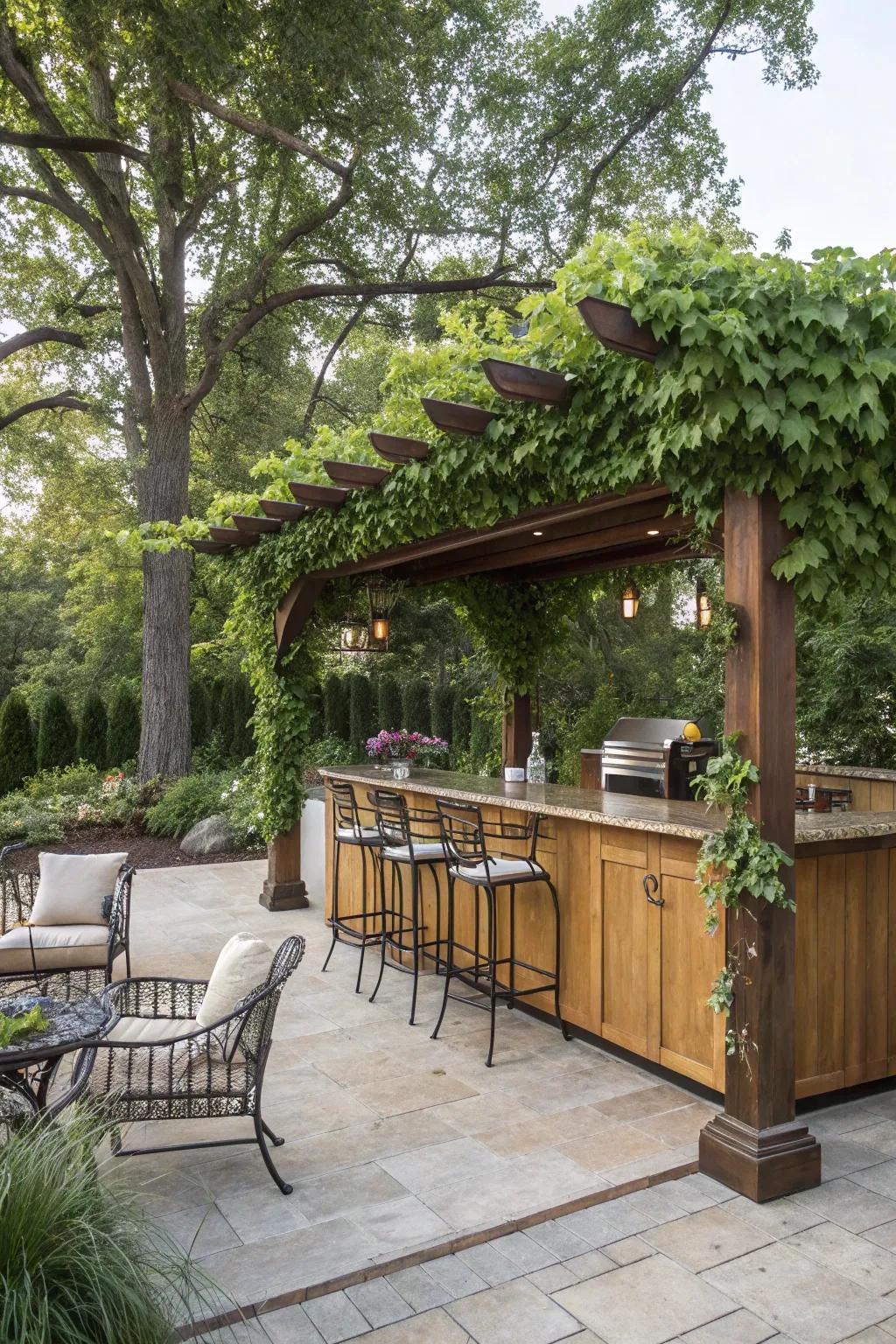 Entertaining is easy with a built-in bar beneath the pergola.
