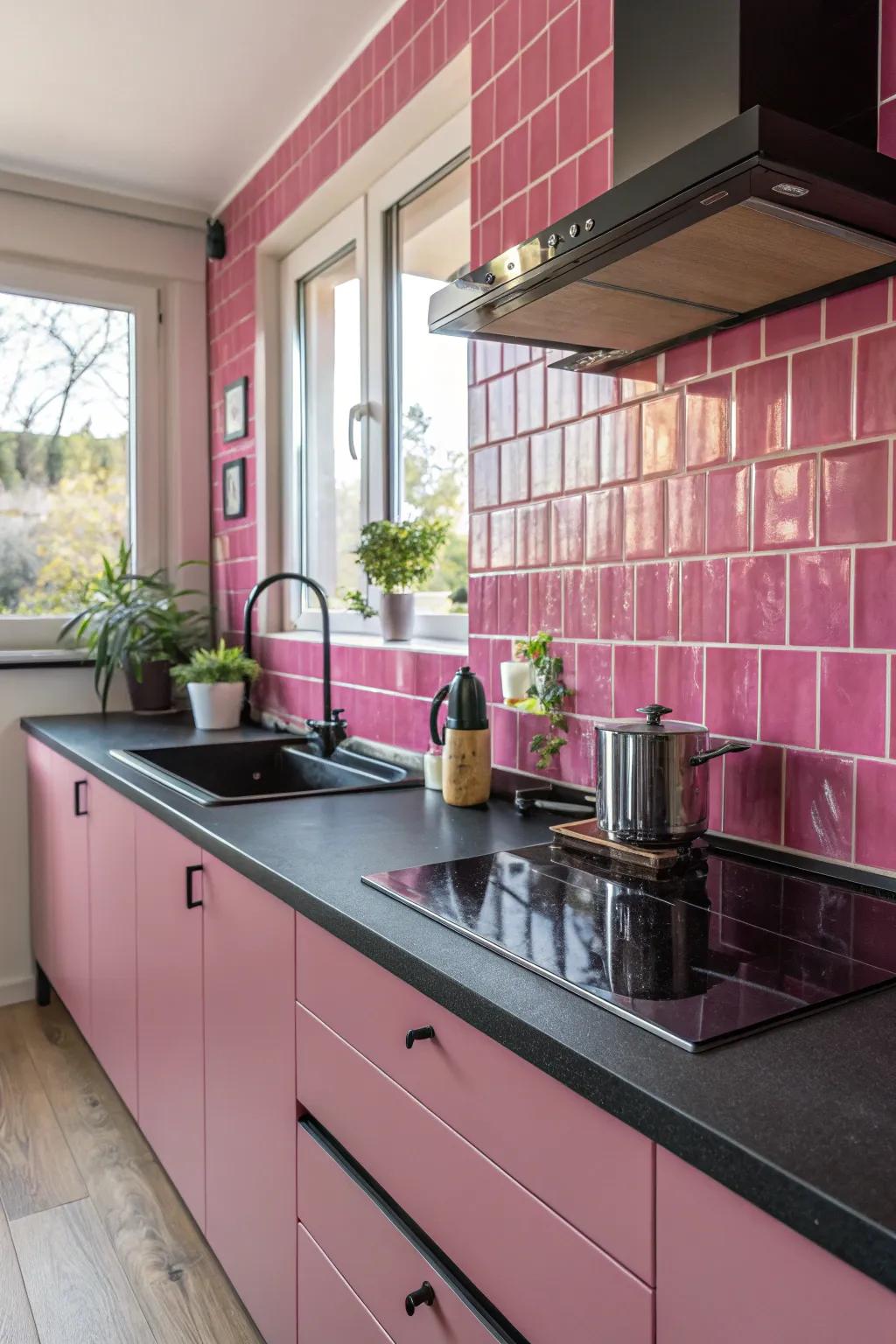 Black countertops provide a sleek contrast to pink elements.