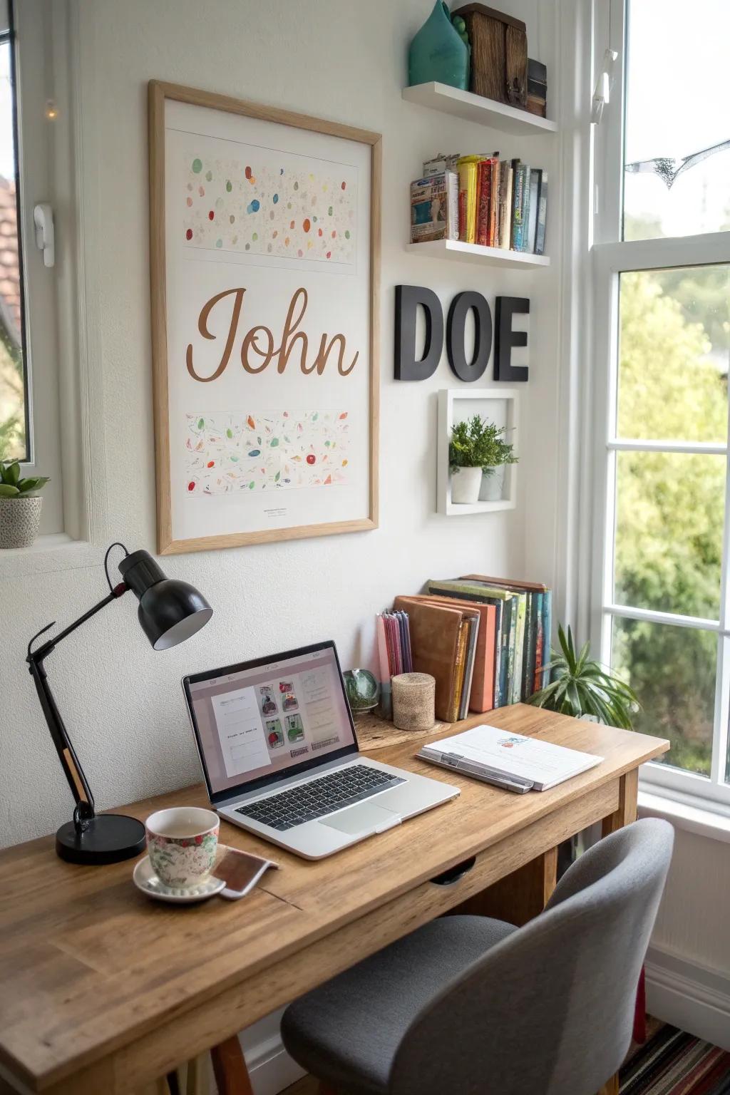 A bespoke pattern name sign contributing a personal nuance to a bureau.