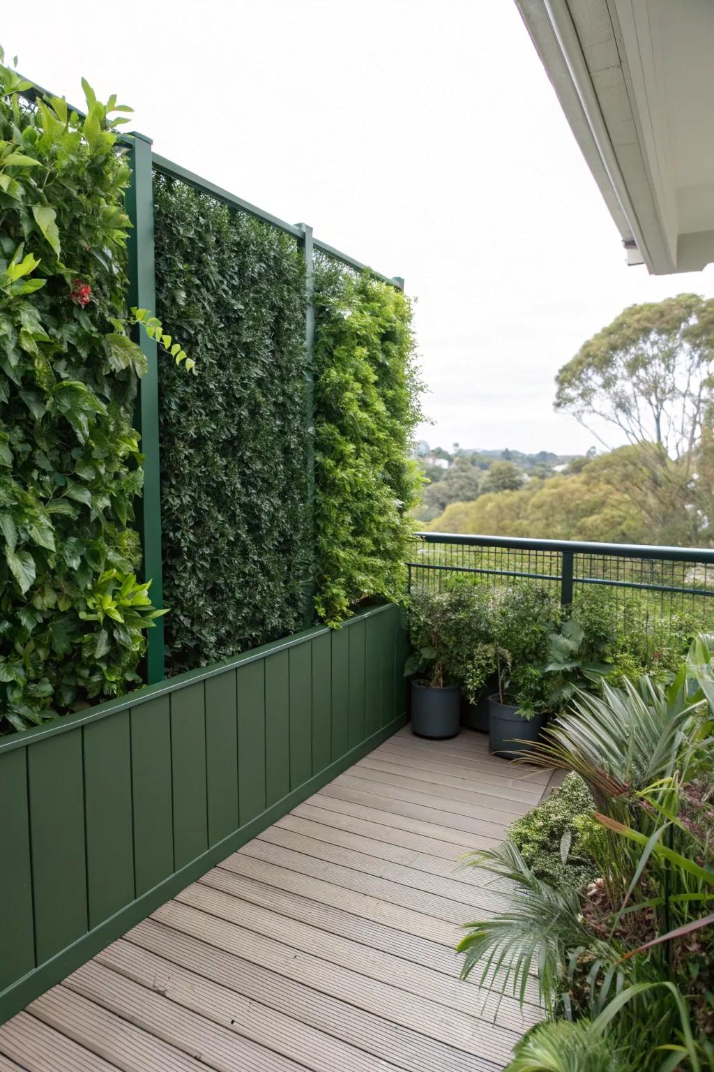 A realistic faux living wall provides solitude without the upkeep.
