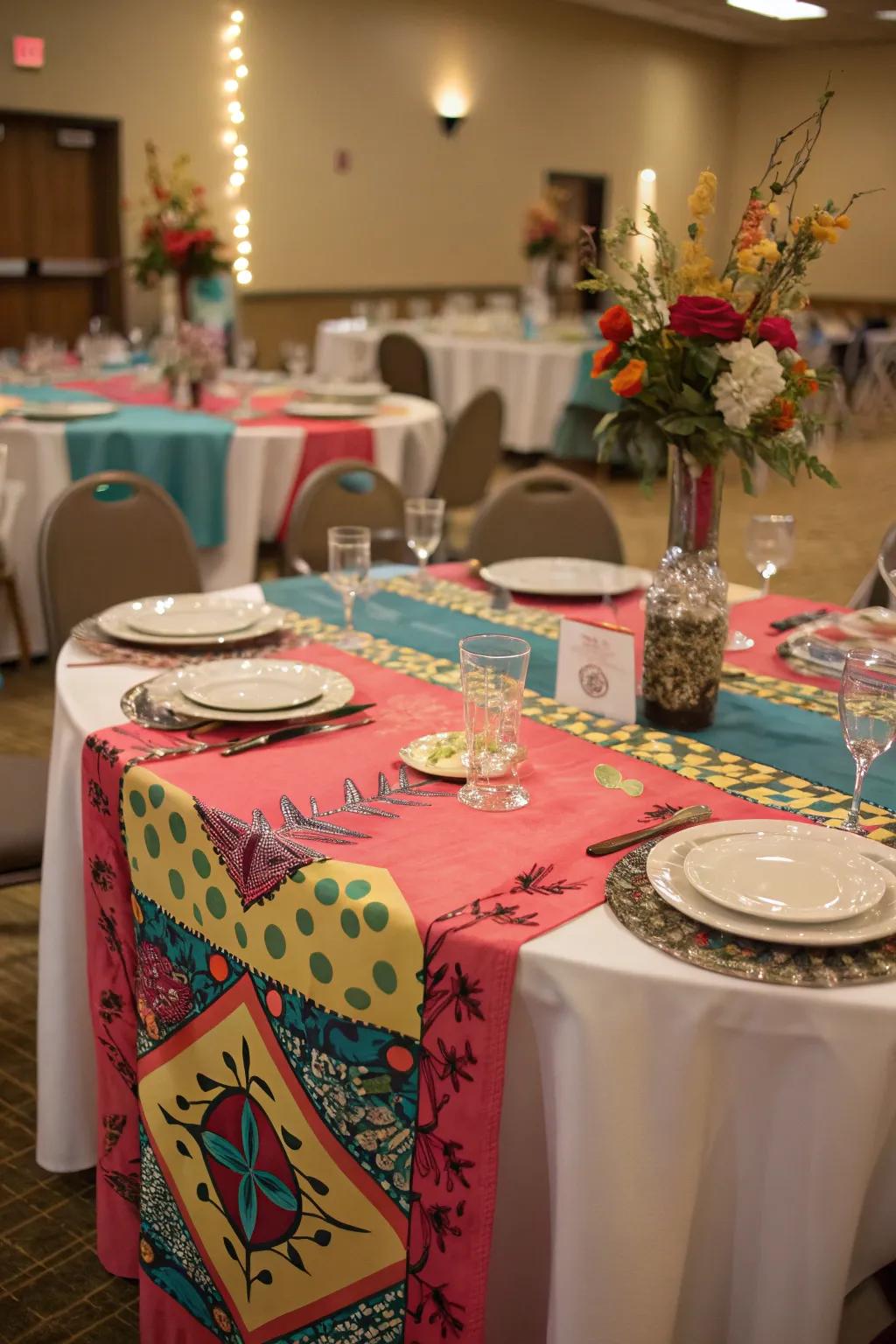 Themed tablecloths and runners add color and texture.