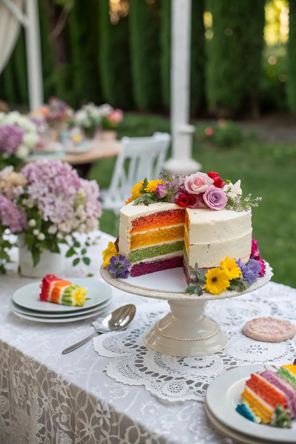 Consumable blossoms add a delicate beauty to the spectrum confection.