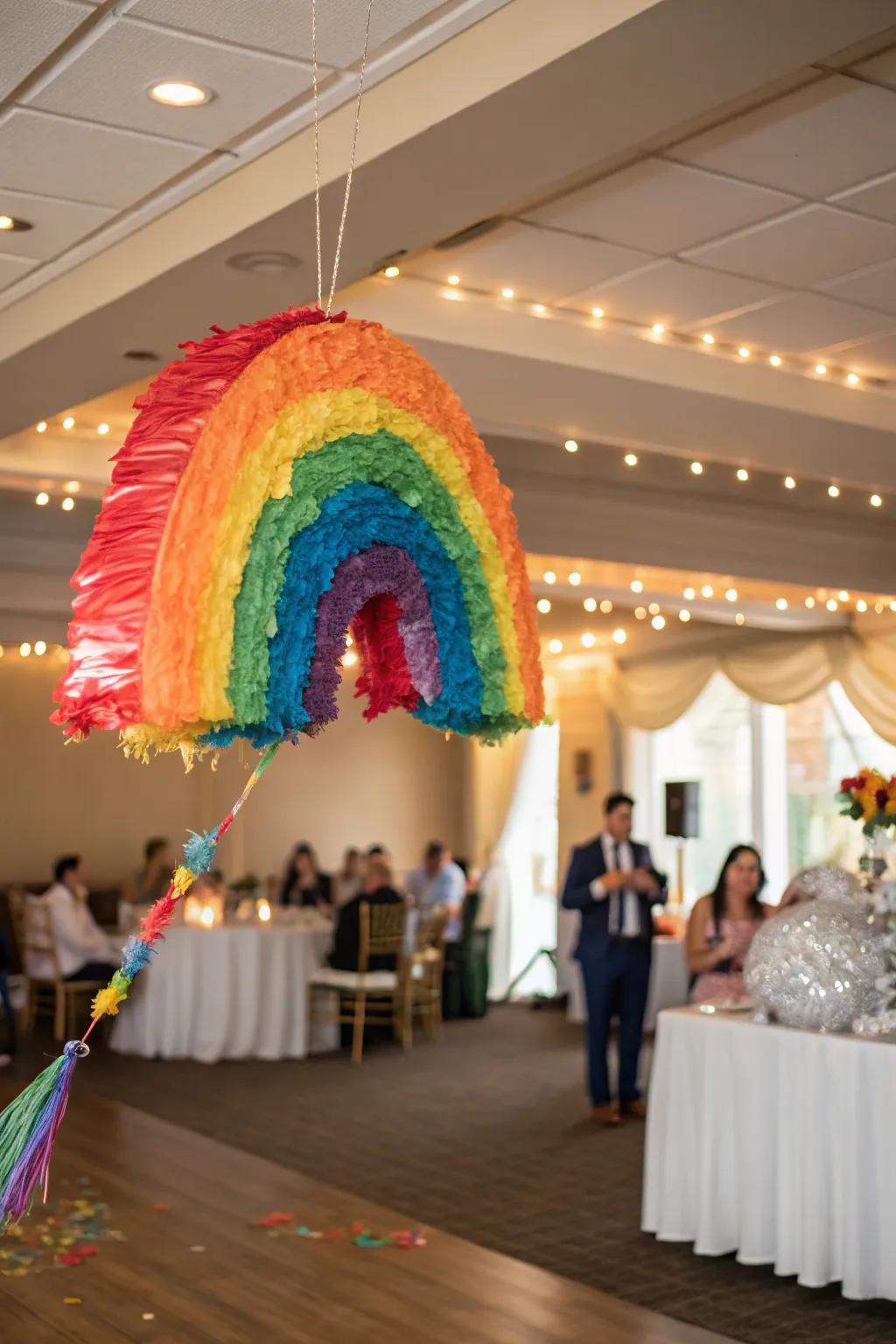 A piñata styled in rainbow colors, contributing a playful element to a wedding gathering.