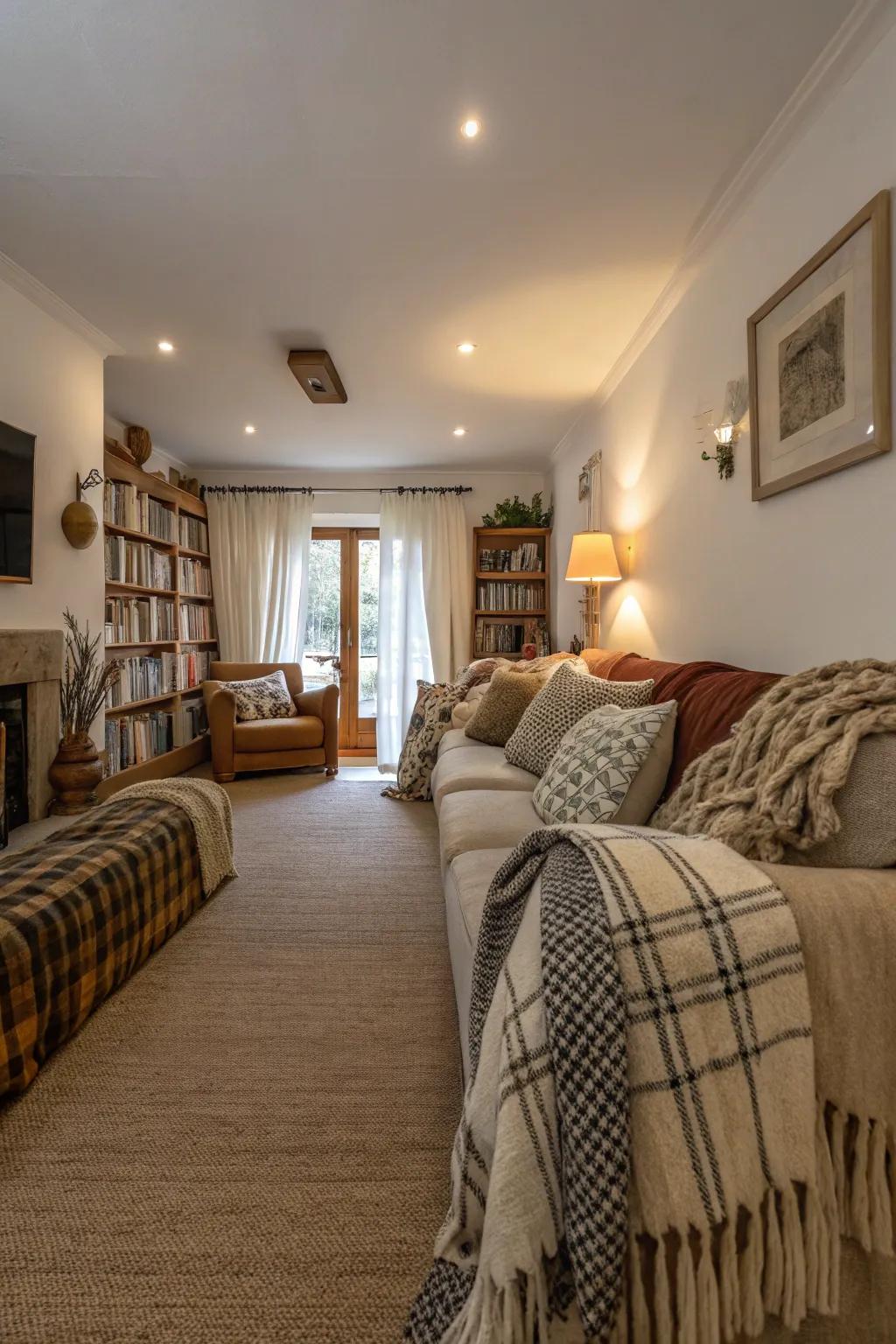Layered textures introduce warmth and intrigue to a confined living space.