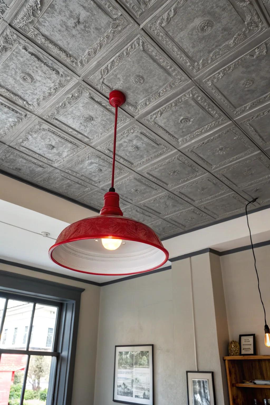 A silver ceiling accentuated by a stunning scarlet light fixture.